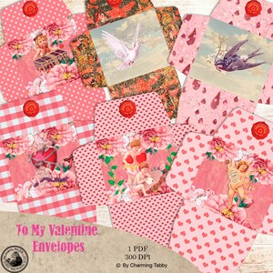 Puede incluir: Un conjunto de sobres rosas y rojos para el Día de San Valentín con varios diseños, incluyendo lunares, corazones y querubines. Algunos sobres presentan imágenes de palomas y flores. El texto "To My Valentine Envelopes" es visible.
