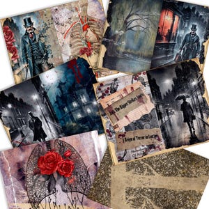 May include: A collection of vintage-style ephemera featuring illustrations of Victorian-era scenes, anatomical drawings, and floral elements. Some pieces include text like "Jack The Ripper Strikes Again" and "Reign of Terror in London."