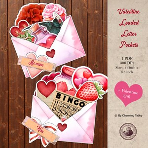 San Valentín, Etiquetas Cargadas, Bolsillos, Diario Basura, Rosas, Regalo, Corazones, Tarjeta, San Valentín, Kit, Imprimible, Descarga Digital, Flores, Carta