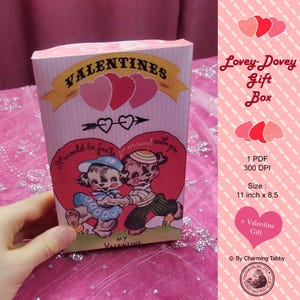 Caja de bombones con tapa pequeña de estilo retro "Lovey-Dovey" para imprimir para el Día de San Valentín, caja digital para armar para dulces, golosinas, caja para armar
