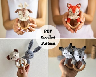 PAQUETE DE PATRÓN DE Ganchillo: Zorro, Venado, Oso, Conejito, Lobo - Animal del bosque, Mordedor/Sonajero para bebé, Ideas de baby shower para compañeros de trabajo