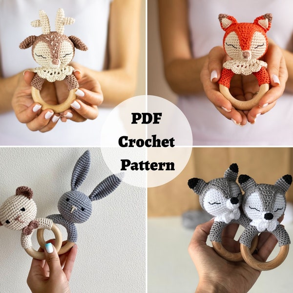 Crochet PATTERN BUNDLE: Fox, Deer, Bear, Bunny, Wolf - Forest Animal, Baby Teether/Rattle, Baby shower ideas for coworker