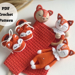 PATTERN BUNDLE: Crochet Fox Patterns - 4 PDF Tutorial, Fox crochet patterns, Crochet lovey pattern, Crochet baby shoe pattern