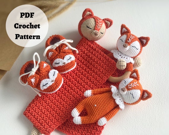PATTERN BUNDLE: Crochet Fox Patterns - 4 PDF Tutorial, Fox crochet patterns, Crochet lovey pattern, Crochet baby shoe pattern
