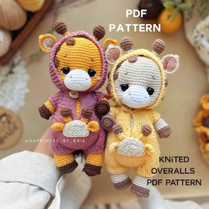May include: Two crocheted giraffe dolls in hooded overalls. One doll is in a yellow outfit, the other in a pink outfit. The dolls have brown spots, ears, and horns. The text "PDF PATTERN" and "KNITTED OVERALLS PDF PATTERN" is visible.