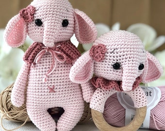Crochet Patterns: Amigurumi Elephants Toy & Rattle, New Mom Gift | Mothers day gift Idea