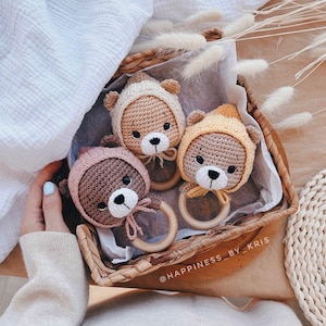 Rattle Crochet Pattern Soothing Teddy Bear in Cap with Ties on Wooden Ring, Cute Toy Baby Gift, Gift From Experienced Mother, New Mom Gift