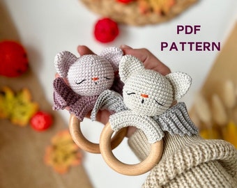Sleeping Bat Baby Rattle CROCHET PATTERN, Amigurumi animal crochet pattern, Rattle amigurumi crochet pattern, Crochet teethe for baby