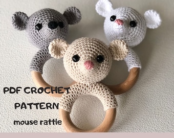 Amigarumi Rattle Mouse Amigurumi Crochet Rattle Animal Rattle and Teethe Baby Crochet Ring Amigurumi pattern for nursery (PATTERN ONLY)