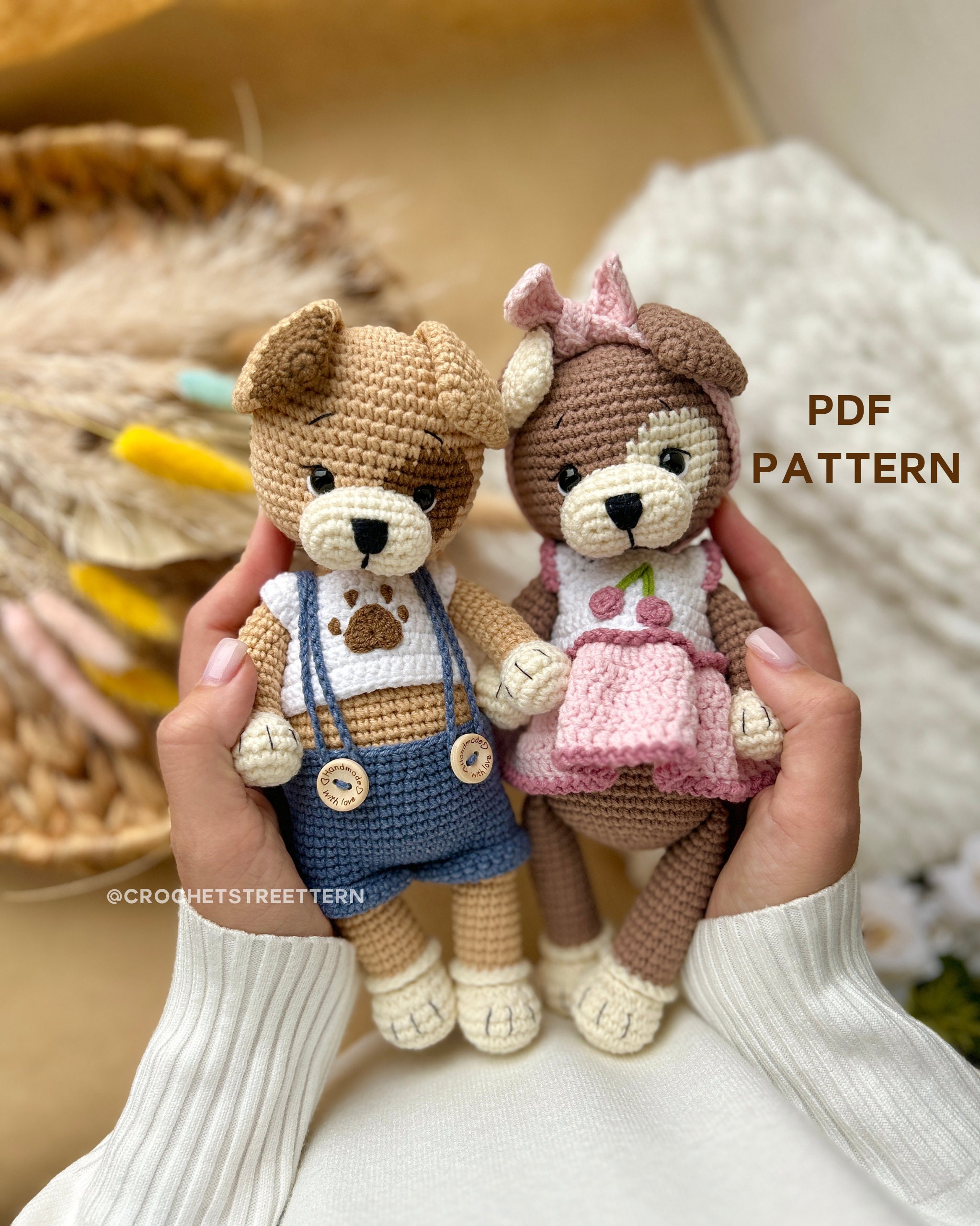 Patron au crochet amigurumi chiot chien, jolie tenue jouet au crochet en robe et salopette au crochet, cadeau fait main pour les amoureux des chiens, patron PDF