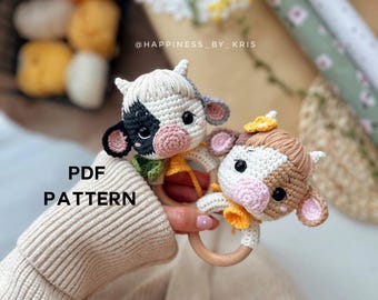 Crochet Pattern: The Cow Rattle, Crochet Cow, Crochet Animal, Crochet Doll, Crochet Toy, Crochet Gift for Newborns, Crochet Amigurumi - PDF