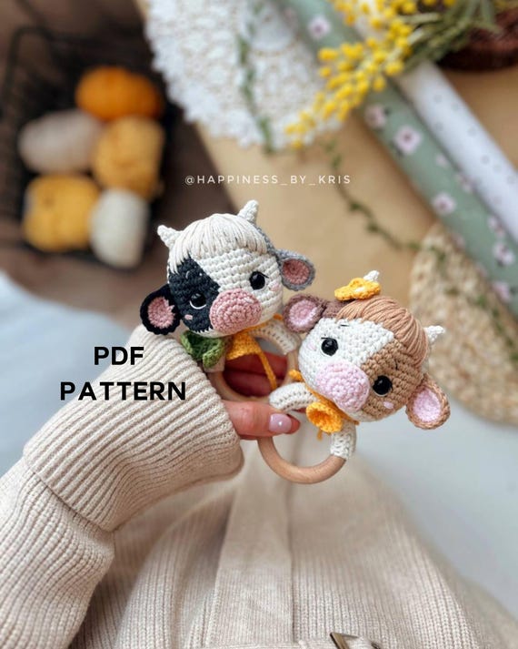 Crochet Pattern: The Cow Rattle, Crochet Cow, Crochet Animal, Crochet Doll, Crochet Toy, Crochet Gift for Newborns, Crochet Amigurumi - PDF