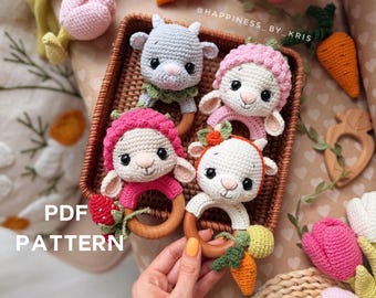 Crochet Sheep & Goat Rattle Patterns PDF – Amigurumi Baby Toys on Wooden Rings | Farm Animal Rattles | English US Terms