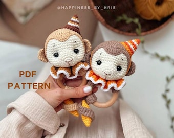 PATTERN ONLY: Baby Monkey in a Party Cap Rattle crochet pattern, Birthday Monkey Amigurumi Pattern Characters, Rattle Monkey Crochet Pattern