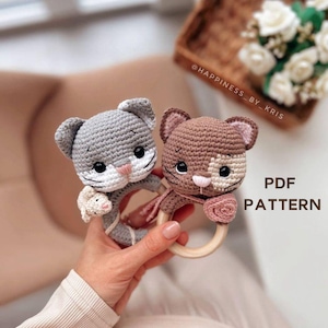 Kittens with a Little Mouse Rattle Crochet Pattern, Grey and Brown Crochet Cat, Amigurumi Kitten Pattern, Baby Rattle Cat Crochet Pattern