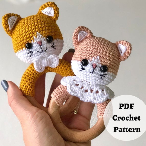 Kitten crochet pattern, Amigurumi crochet rattle, Baby crochet teethe ring pattern, Cat crochet rattle pattern, Amigurumi Animal Pattern