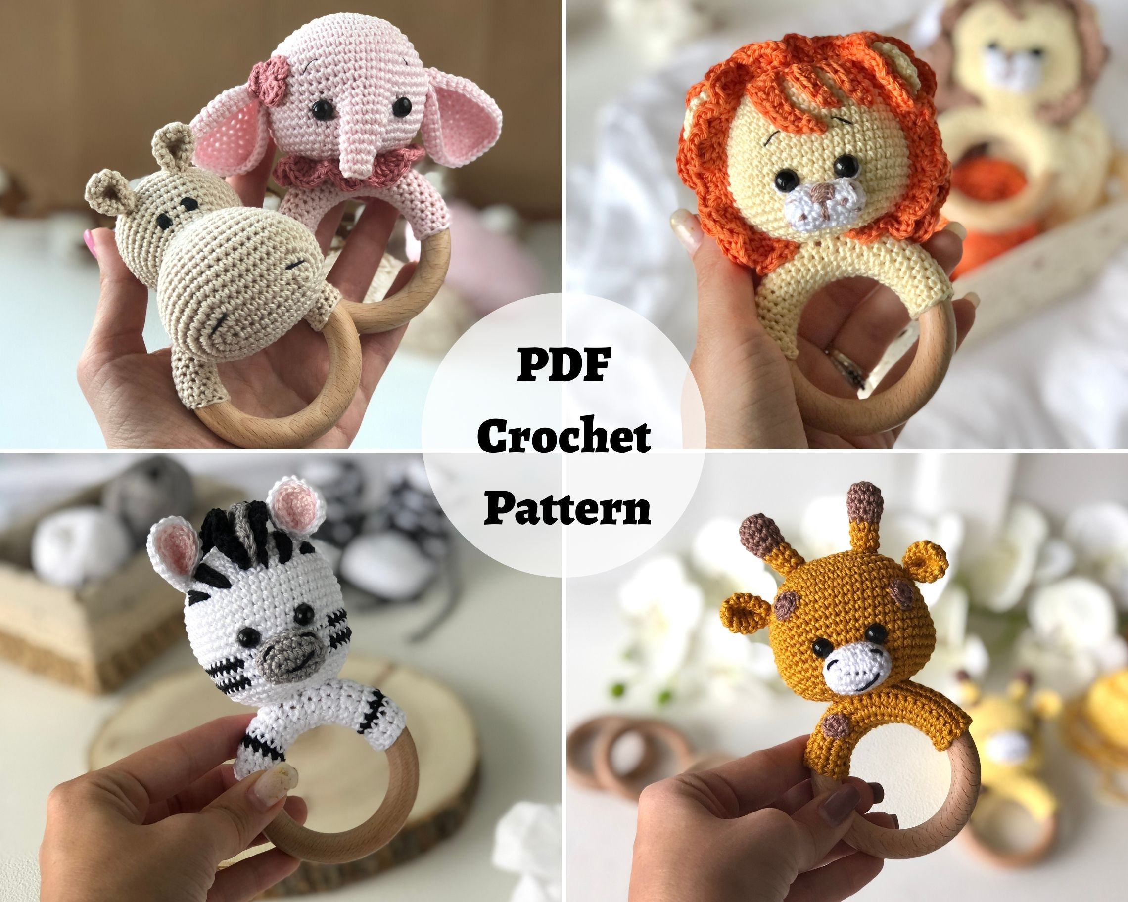 5IN1 crochet baby rattle patterns : Zebra, Lion, Giraffe, Elephant, Hippo | Safari animals amigurumi patterns, Baby rattle crochet animals