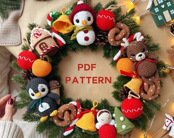 Christmas Amigurumi Wreath Pattern - Full Matching Collection: Snowman, Reindeer, Penguin & Mini Ornaments - Holiday Crochet PDF