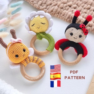 3-in-1 Crochet Rattle pattern: Amigurumi Bee, Ladybug, Daisy Flower | Summer Bundle | Digital PDF #1889