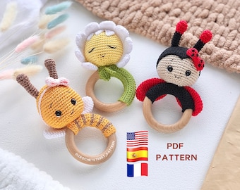 3-in-1 Crochet Rattle pattern: Amigurumi Bee, Ladybug, Daisy Flower | Summer Bundle | Digital PDF #1889