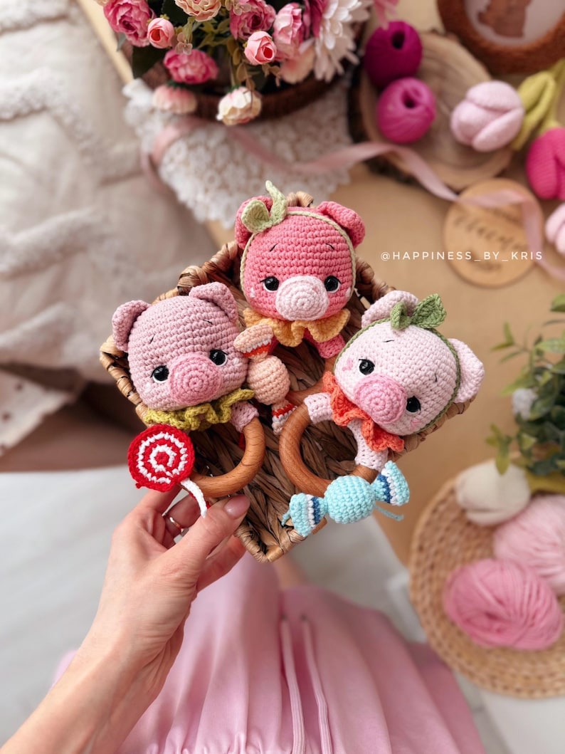 Swine Rattle Crochet Pig Rattle Pattern PDF – Amigurumi Baby Toy on Wooden Ring ...