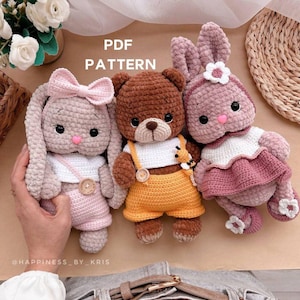 Crochet PATTERN Bunny and Bear, Floppy Bunny Ears Crochet Pattern, Amigurumi tutorial PDF in English, Crochet Bunny Three in One Pattern