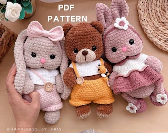 MOTIF lapin et ours au crochet, motif au crochet oreilles de lapin disquettes, tutoriel amigurumi PDF en anglais, motif lapin au crochet trois en un