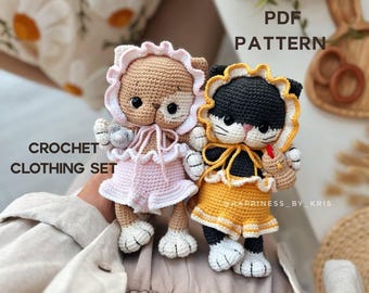 Crochet Kitten Clothes Pattern PDF – Amigurumi Cat Outfit with Bonnet | Crochet Doll Trousers | Toy Clothes Pattern