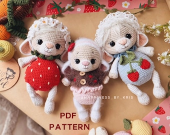 Crochet Sheep Pattern PDF, Amigurumi Lamb with Strawberry Outfits, Cute Farm Animal Doll, Spring Crochet Pattern