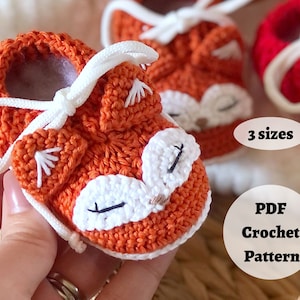 May include: Orange and white crocheted baby booties with a fox face design. The booties have white laces and are available in three sizes. PDF crochet pattern.