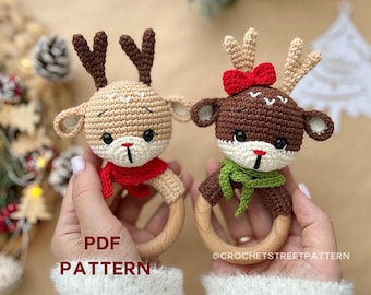 Crochet Pattern - Christmas Deer Rattle - Contrast Deer Rudolph - Crochet Rattle Pattern - Holiday Crochet - Cute Little Animals - PDF