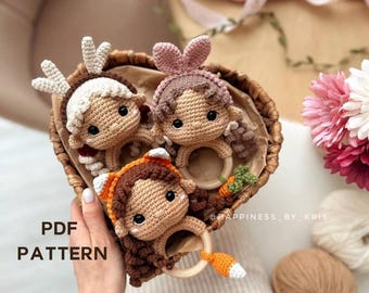 Elves in Animal Costumes Rattle Crochet Pattern, Fox, Deer and Bunny Elves Rattle Pattern, Cute Elves Baby Toys Crochet Pattern