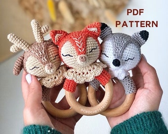 Crochet Rattles Patterns - Animals Amigurumi PACK - Crochet fox, deer and wolf, Nature fairy tale kids toys, Trees theme crochet pattern