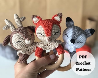 Gehäkelte Rasseln Muster - Tiere Amigurumi PACK - Gehäkelter Fuchs, Wolf, Hirsch und Reh, Natur, Märchen Kinderspielzeug, Häkelanleitung zum Thema Bäume