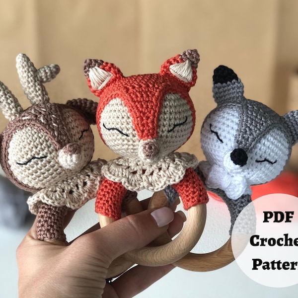 Crochet Rattles Patterns - Animals Amigurumi PACK - Crochet fox, deer and wolf, Nature fairy tale kids toys, Trees theme crochet pattern