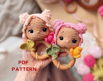 Crochet Baby Rattle Pattern PDF – Amigurumi Doll on Wooden Ring | Spring Baby Toy Crochet Pattern | Floral Teether