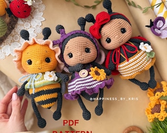 Crochet Insect Doll Pattern Set PDF – Amigurumi Bee Butterfly Ladybug with Clothes | Cute Animal Dolls | Spring Crochet Pattern | Cute Toy