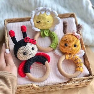 Ladybug Rattle Crochet Pattern 3-in-1 Crochet Rattle Pattern: Amigurumi Bee, Ladybug, Daisy Flower ...