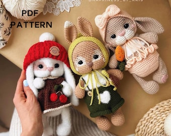 Crochet Pattern Bunnies Family, Cuddle Size Amigurumi Rabbits, 3IN1 PDF Pattern, Fluffy, Little and Sugary Bunny Toys, English pattern