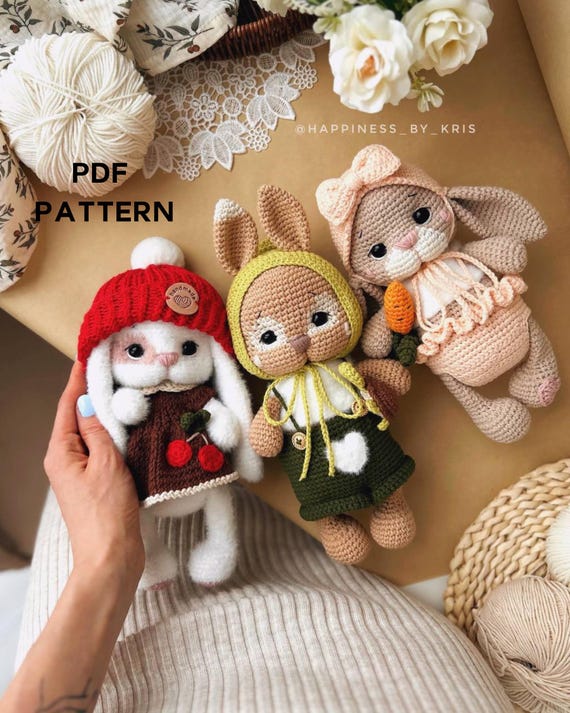 Crochet Pattern Bunnies Family, Cuddle Size Amigurumi Rabbits, 3IN1 PDF Pattern, Fluffy, Little and Sugary Bunny Toys, English pattern