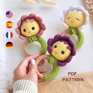 Gänseblümchen-Babyrassel-Häkelanleitung - Blume Amigurumi Häkelanleitung, Blumendeko, Blumenstrauß, Babyparty-Häkelanleitung