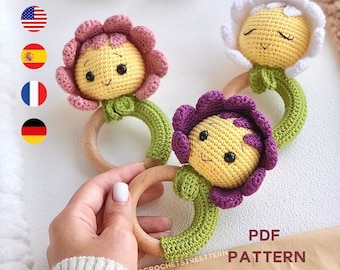 Daisy Flower Baby Rattle Crochet Pattern - Flower amigurumi crochet pattern, Flower Decor, Flower Bouquet, Baby Shower crochet pattern
