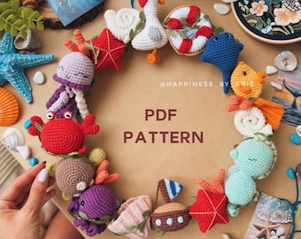 Summer Sea Wreath Crochet Pattern PDF, Nautical Door Wreath, Jellyfish Crab Turtle Seahorse Starfish Amigurumi Pattern