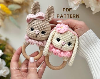 Amigurumi Bunny Rattle Pattern | Crochet Baby Toy with Wooden Ring | Rabbit Teether PDF - Baby Gift Pattern - Baby Shower Gift