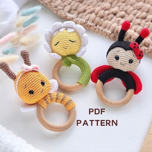 3-in-1 Crochet Rattle pattern: Amigurumi Bee, Ladybug, Daisy Flower Summer Bundle Digital PDF 1889 image 1