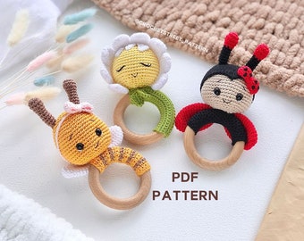 Patrón Sonajero de Ganchillo 3 en 1: Amigurumi Abeja, Mariquita, Margarita / Paquete Verano / PDF Digital #1889