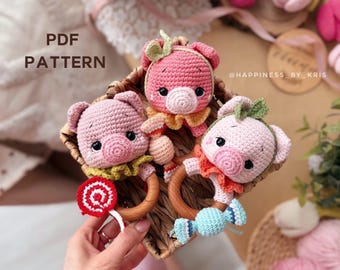 Crochet Pig Rattle Pattern PDF – Amigurumi Baby Toy on Wooden Ring | Animal Teether Crochet Pattern | Baby Shower Gift | Toy Rattle Pattern