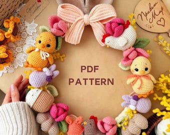 Crochet Easter Wreath Pattern PDF – Amigurumi Spring Door Decor | Bunny Ears Bow, Chicks & Eggs | Easter Home Decoration | Cozy Home Decor