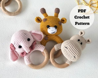 3-in-1 Crochet Rattle pattern: Giraffe, Elephant, Hippo | Safari Animals