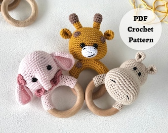 Hochet au crochet 3-en-1 : girafe, éléphant, hippopotame | Animaux de safari amigurumi